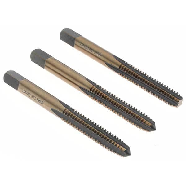 Tap Set: 1/4-20 UNC, 4 Flute, Bottoming Plug & Taper, High Speed Steel, Gold & Oxide Finish MPN:BDNA-20678