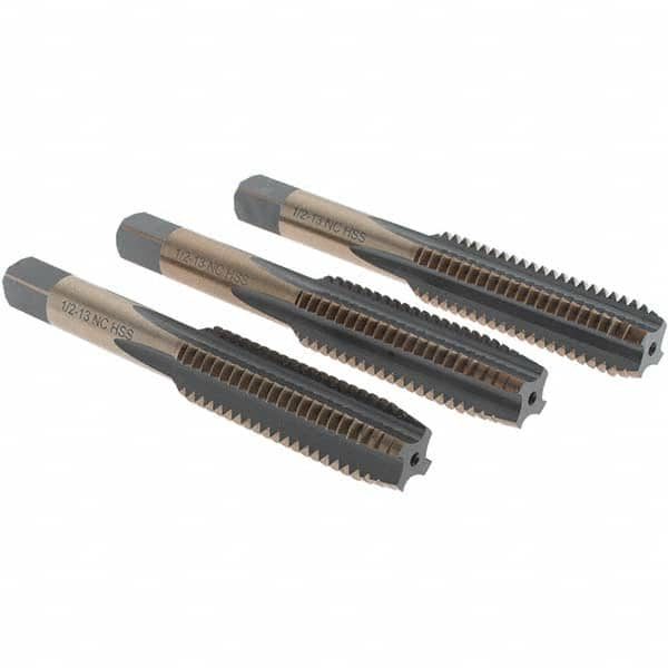 Tap Set: 1/2-13 UNC, 4 Flute, Bottoming Plug & Taper, High Speed Steel, Gold & Oxide Finish MPN:BDNA-20686