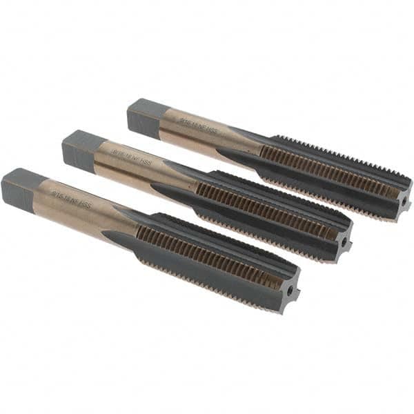 Tap Set: 9/16-18 UNF, 4 Flute, Bottoming Plug & Taper, High Speed Steel, Gold & Oxide Finish MPN:BDNA-20689