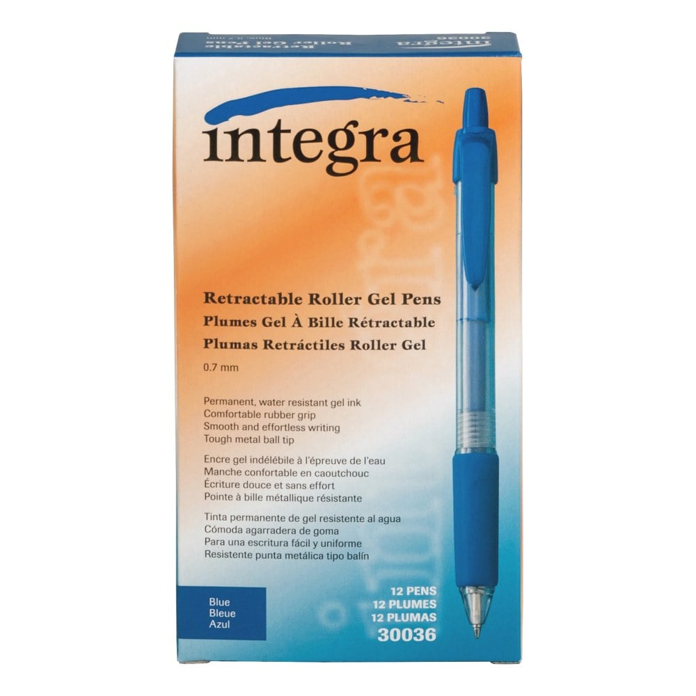 Integra Retractable Gel Pens, Medium Point, 0.7 mm, Blue Barrel, Blue Ink, Pack Of 12 Pens (Min Order Qty 5) MPN:30036