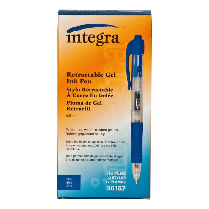 Integra Retractable Gel Pens, Fine Point, 0.5 mm, Blue Barrel, Blue Ink, Pack Of 12 Pens (Min Order Qty 7) MPN:36157