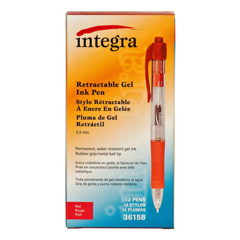 Integra Retractable Gel Pens, Fine Point, 0.5 mm, Red Barrel, Red Ink, Pack Of 12 Pens (Min Order Qty 5) MPN:36158