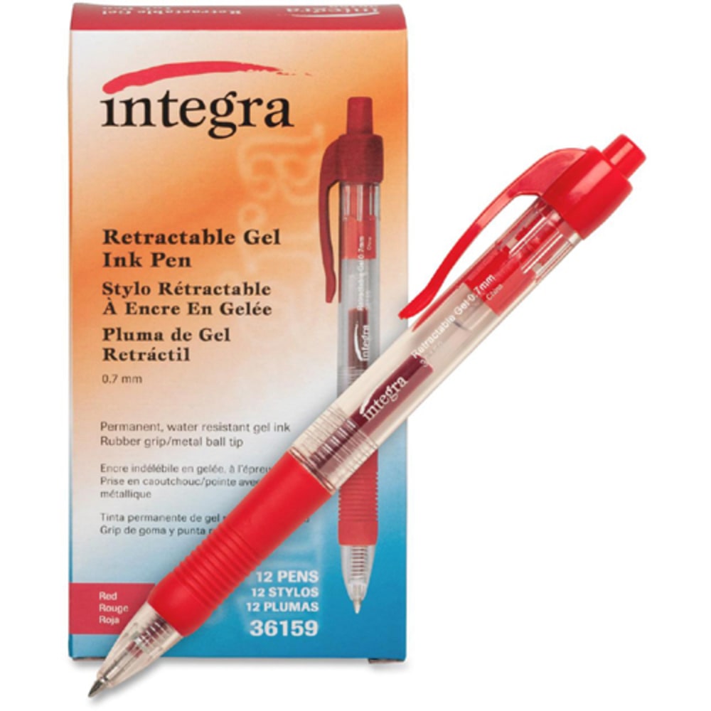 Integra Retractable Gel Pens, Medium Point, 0.7 mm, Red Barrel, Red Ink, Pack Of 12 Pens (Min Order Qty 9) MPN:36159