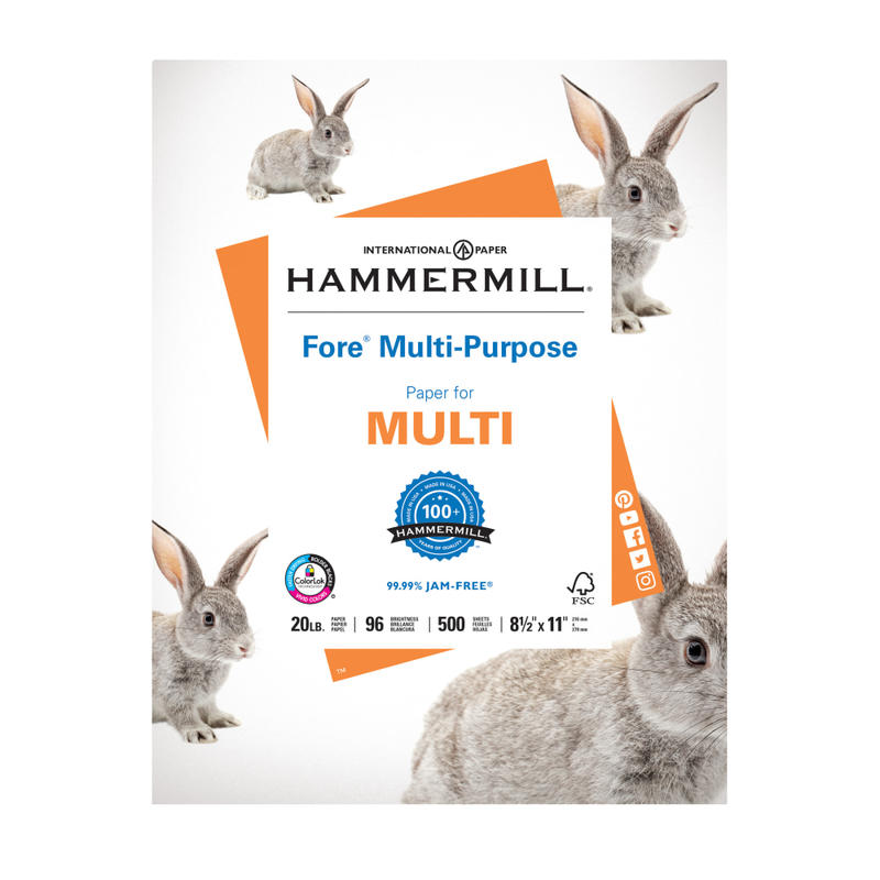 Hammermill Fore Multi-Use Printer & Copy Paper, 1 Ream, White, Letter (8.5in x 11in), 500 Sheets Per Ream, 20 Lb (Min Order Qty 5) MPN:103267RM