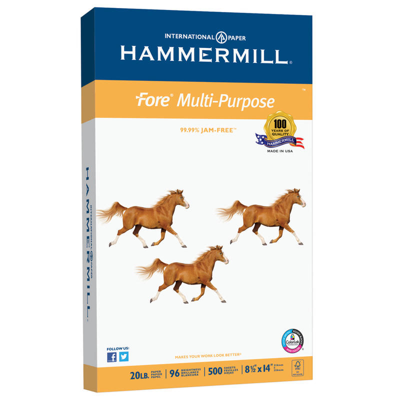 Hammermill Fore Multi-Use Printer & Copy Paper, 1 Ream, White, Legal (8.5in x 14in), 500 Sheets Per Ream, 20 Lb, 96 Brightness (Min Order Qty 4) MPN:103291