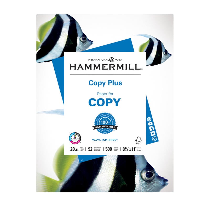 Hammermill Multi-Use Printer & Copy Paper, 1 Ream, White, Letter (8.5in x 11in), 500 Sheets Per Ream, 20 Lb, 92 Brightness (Min Order Qty 5) MPN:105007RM