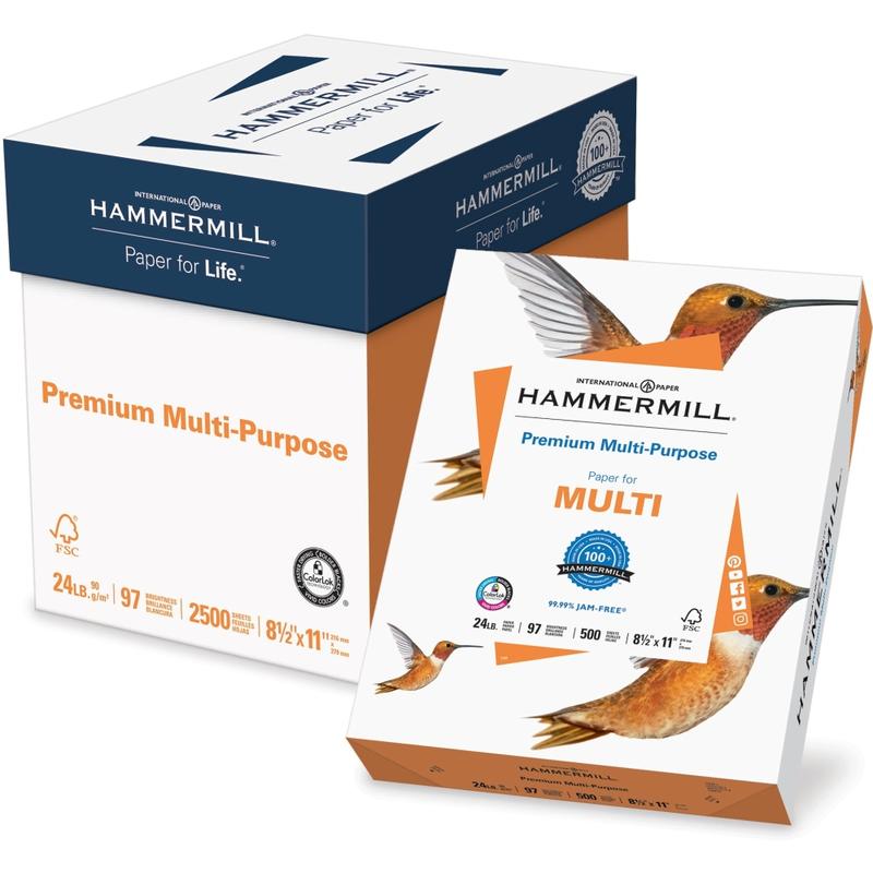 Hammermill Premium Multi-Use Printer & Copy Paper, 5 Reams, White, Letter (8.5in x 11in), 2500 Sheets Per Case, 24 Lb, 97 Brightness (Min Order Qty 2) MPN:105810-CT