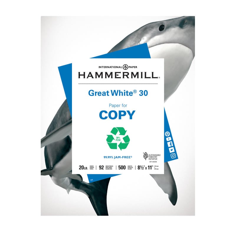 Hammermill Great White Copy Paper, 1 Ream, White, Letter (8.5in x 11in), 500 Sheets Per Ream, 20 Lb, 92 Brightness, 30% Recycled (Min Order Qty 5) MPN:745190