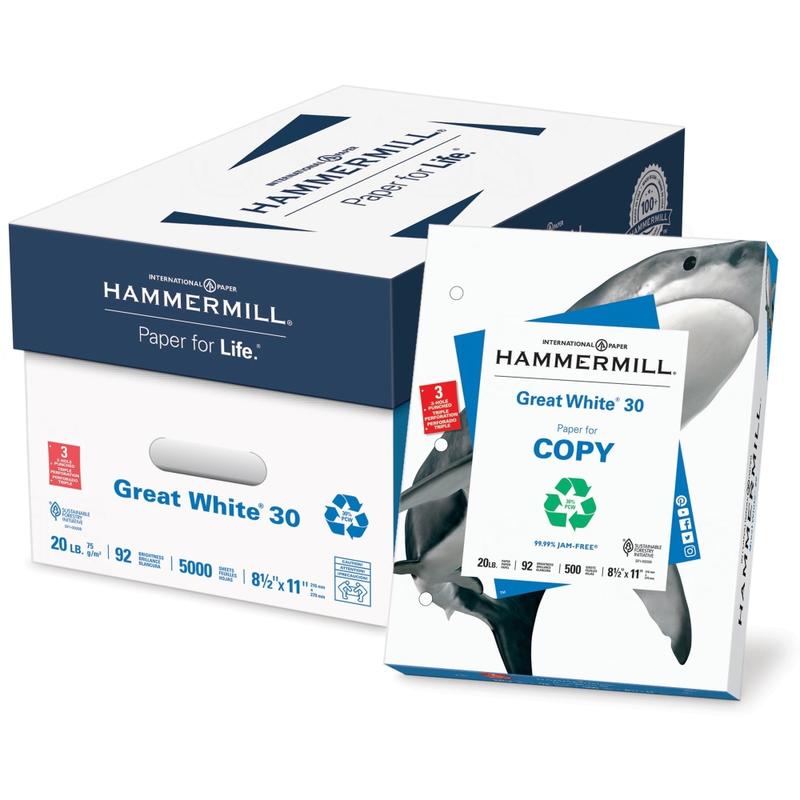 Hammermill Great White 3-Hole-Punched Inkjet Or Laser Paper, 10 Reams, White, Letter Size (8 1/2in x 11in), 5000 Sheets Total, 20 Lb, 92 Brightness MPN:86702