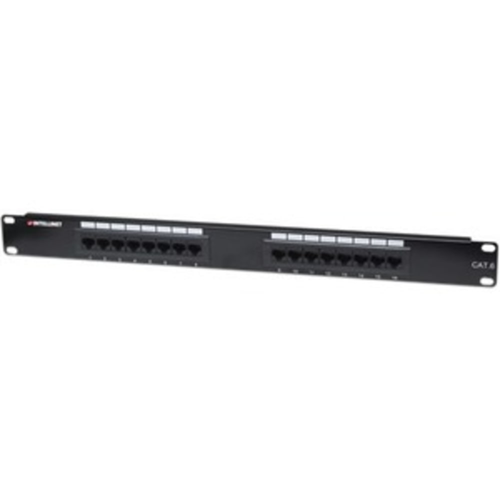 Intellinet Patch Panel, Cat6, UTP, 16-Port, 1U, Black - Patch panel - CAT 6 - UTP - RJ-45 X 16 - black - 1U - 19in (Min Order Qty 2) MPN:519526