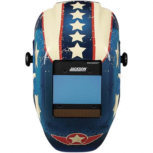 Welding Helmet with Digital Controls: Blue Red & White, Nylon, Shade 9 to 13, Ratchet Adjustment MPN:46101
