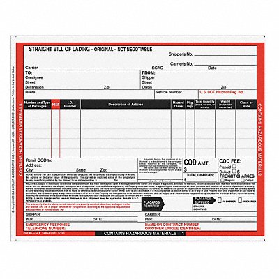 Hazmat Bill of Lading Forms Hazmat PK500 MPN:12463