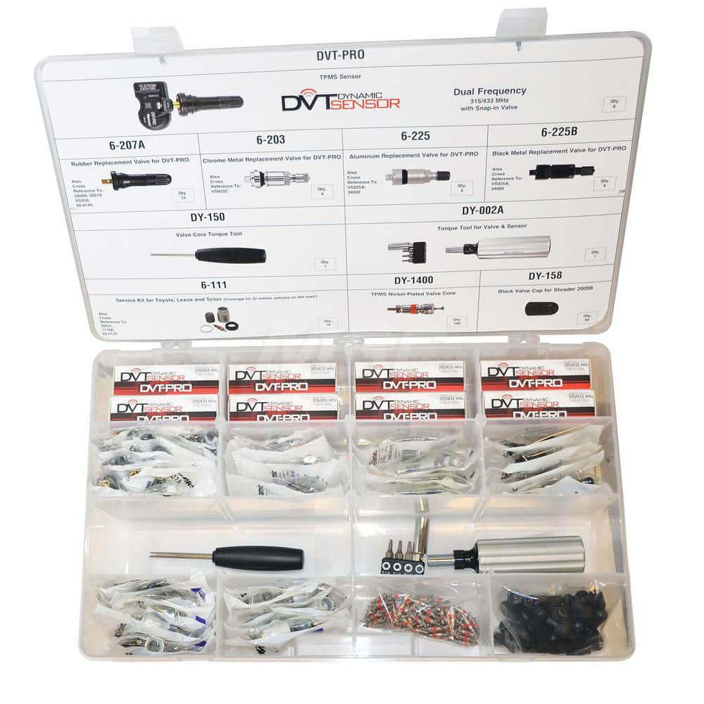 TPMS Sensor Kit: TPMS DVT-PRO Master Starter Kit, (8) DVT-PRO Single Sensors, (15) 6-207A Rubber Valves, (4) 6-203 Chrome Valves, (4) 6-225 Aluminum Valves, (4) 6-225B Black Aluminum Valves, (16) 6-111 Toyota/Lexus Service Kit, MPN:DY-TPMS-1