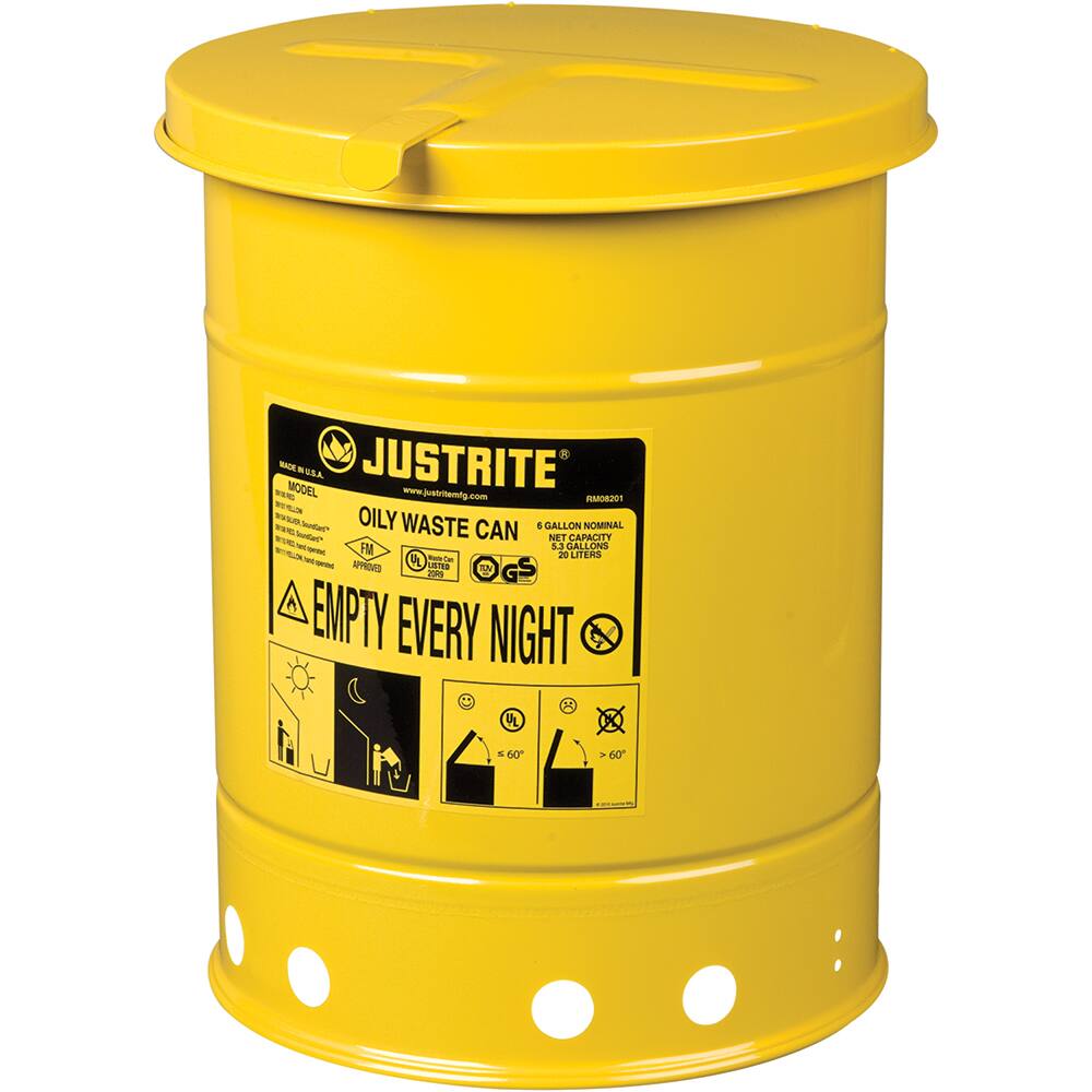 Oily Waste Cans & Receptacles, Capacity: 6.000 , Material: Steel , Color: Yellow, Yellow , Opening Style: Hand Operated , Overall Height: 15.875in  MPN:09111