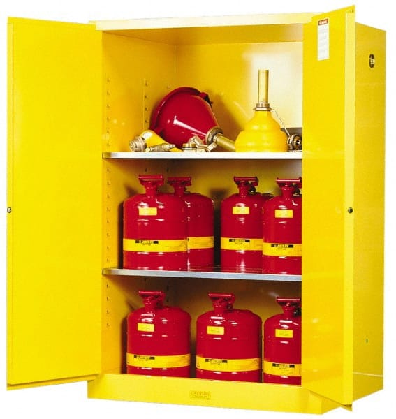 Flammable & Hazardous Storage Cabinets: 90 gal Drum, 2 Door, 2 Shelf, Manual Closing, Yellow MPN:899000