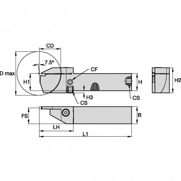 Indexable Grooving-Cutoff Toolholder: EVSCTR080316C, 3 to 3 mm Groove Width, 16 mm Max Depth of Cut, Right Hand MPN:6179721