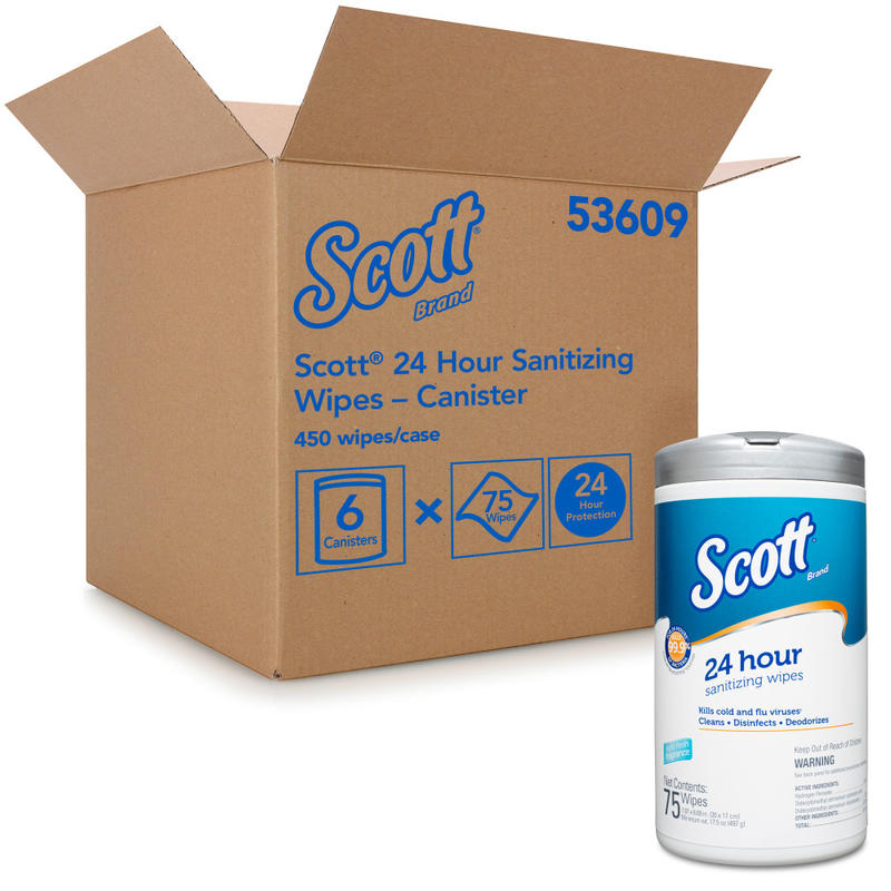 Scott 24-Hour Sanitizing Wipes, White, 75 Sheets Per Pack, Case Of 6 Packs (Min Order Qty 2) MPN:53609