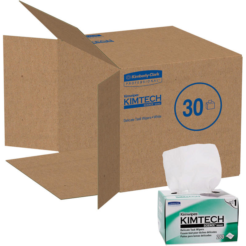 KIMTECH Kimwipes Delicate Task Wipers - 1 Ply - 4.40in x 8.40in - White - Virgin Fiber - Light Duty, Anti-static, Absorbent - For Hand - 280 Sheets Per Box - 30 / Carton MPN:34120