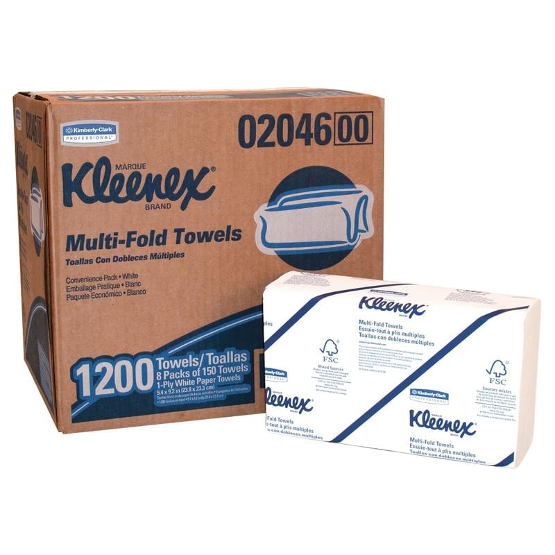 Kleenex Multi-Fold 1-Ply Paper Towels, 150 Sheets per Bundle, 8 Bundles per Carton, 1200 Sheets Total (Min Order Qty 2) MPN:02046