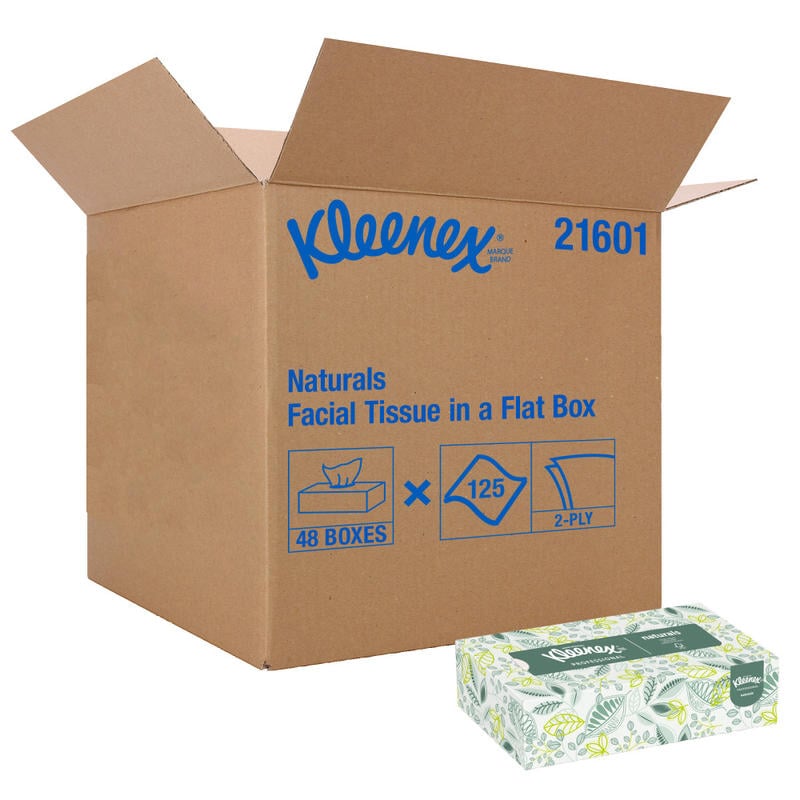 Kleenex Professional Naturals Facial Tissue, 2-Ply, White, Flat Facial Tissue Boxes for Business, 125 Sheets Per Box, Case of 48 Boxes MPN:21601