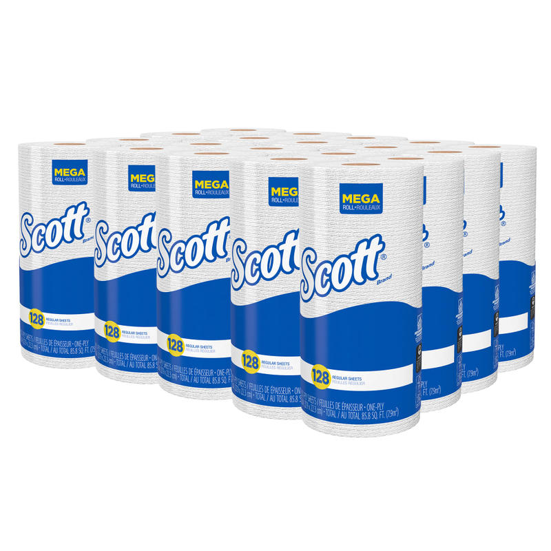 Scott Kitchen Paper Towels with Fast-Drying Absorbency Pockets, 1-Ply, 80% Recycled, 128 Sheets Per Roll, Pack Of 20 Perforated Standard Paper Towel Rolls (Min Order Qty 2) MPN:41482