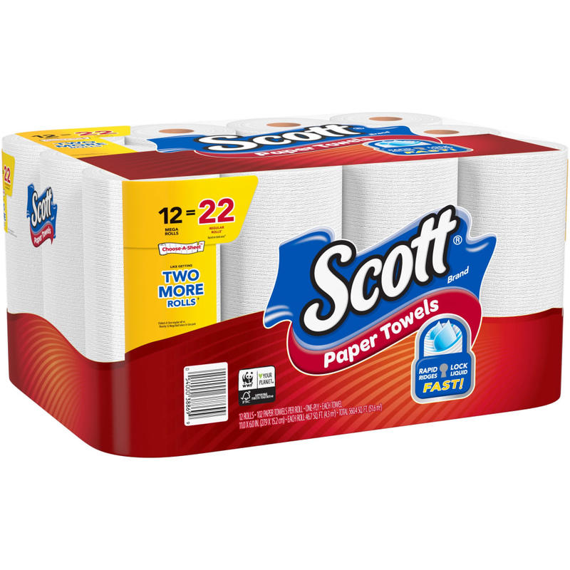 Scott Choose-A-Sheet Paper Towels - Mega Rolls - 1 Ply - 102 Sheets/Roll - White - Perforated, Absorbent - For Home, Office, School - 12 / Pack (Min Order Qty 3) MPN:KCC38869