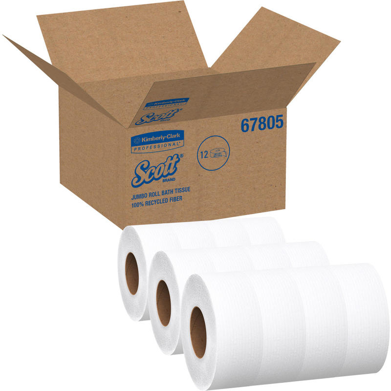 Scott 100% Recycled Fiber High-Capacity Jumbo Roll Toilet Paper - 2 Ply - 3.55in x 1000 ft - White - Fiber - 12 / Carton MPN:KCC67805