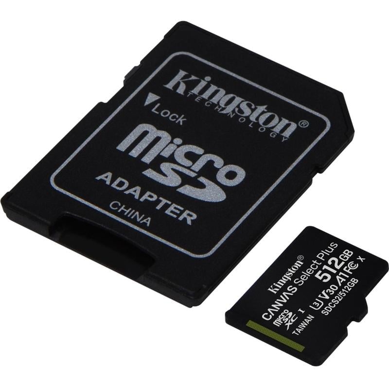 Kingston Canvas Select Plus SDCS2 512 GB Class 10/UHS-I (U3) microSDXC - 1 Pack - 100 MB/s Read - 85 MB/s Write - Lifetime Warranty MPN:SDCS2/512GB