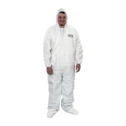 Non-Disposable Rain & Chemical-Resistant Coverall: Non-Hazardous Dry Particulates, Non-Hazardous Liquid Splash & Non-Hazardous Liquid Spray, White, Film Laminate MPN:44335