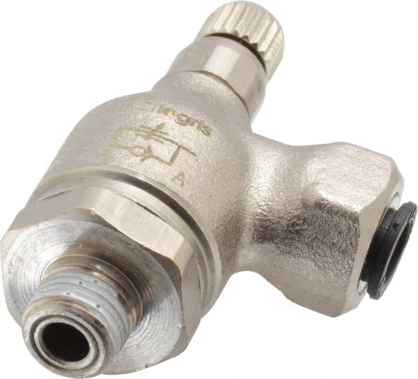 Air Flow Control Valve: Push-to-Connect Meter Out Metal Flow Control, Tube x NPT, 1/4