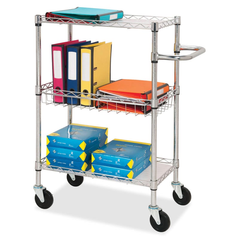 Lorell 3-Tier Steel Rolling Cart, 16inW x 26inD x 40inH, Chrome MPN:84859