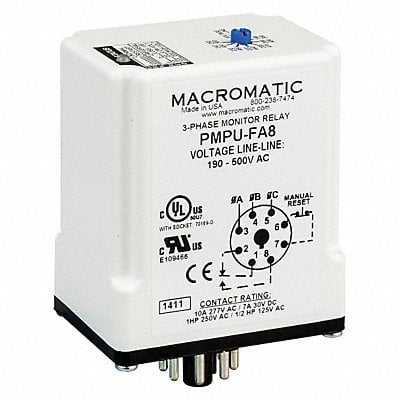 Phase Monitor Relay 190-500VAC Plug SPDT MPN:PMPU-FA8