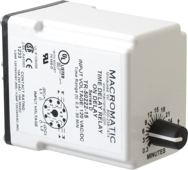 8 Pin, 0.3 to 30 min Delay, Multiple Range DPDT Time Delay Relay MPN:TR-50222-15