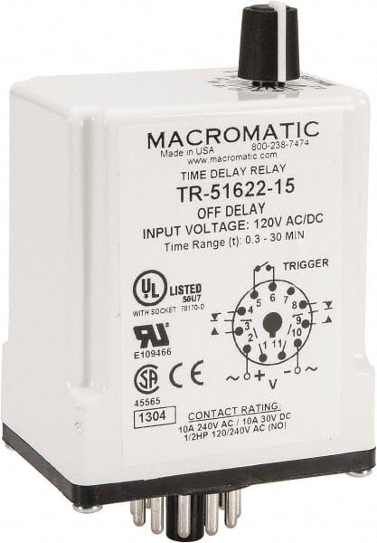 11 Pin, 0.3 to 30 min Delay, Multiple Range DPDT Time Delay Relay MPN:TR-51622-15