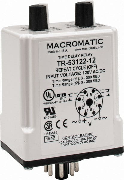 8 Pin, Multiple Range DPDT Time Delay Relay MPN:TR-53122-12