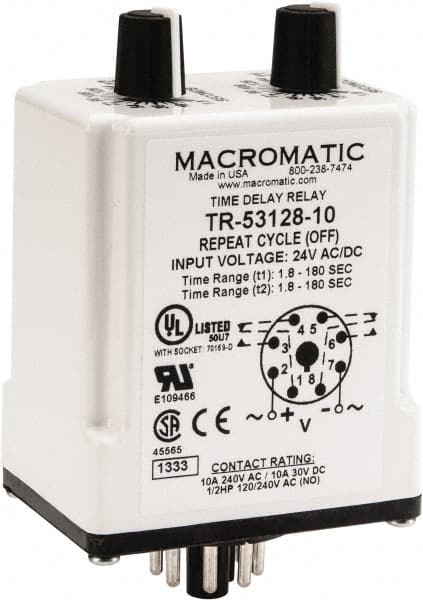 8 Pin, Multiple Range DPDT Time Delay Relay MPN:TR-53128-10