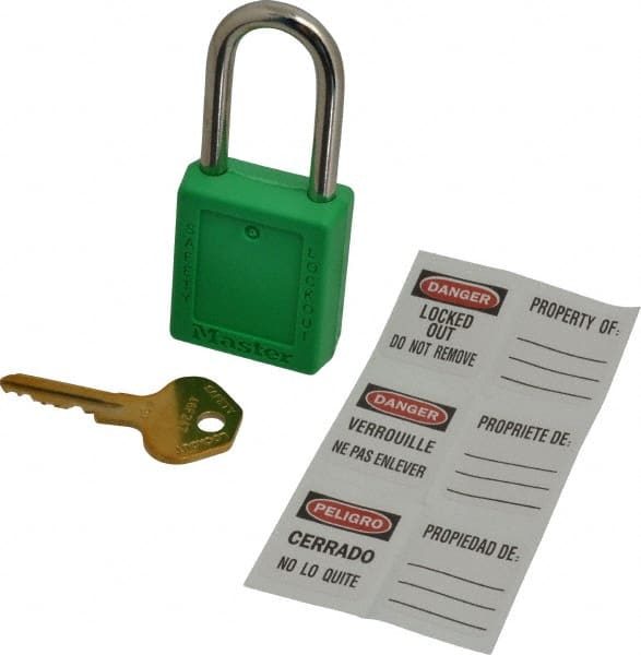 Lockout Padlock: Keyed Alike, Key Retaining, Thermoplastic, Plated Metal Shackle, Green MPN:410KAS12GRN