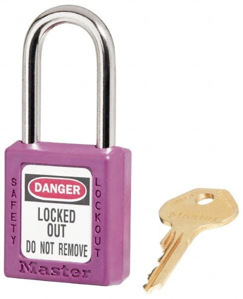 Lockout Padlock: Keyed Alike, Key Retaining, Thermoplastic, Plated Metal Shackle, Purple MPN:410KAS3PRP