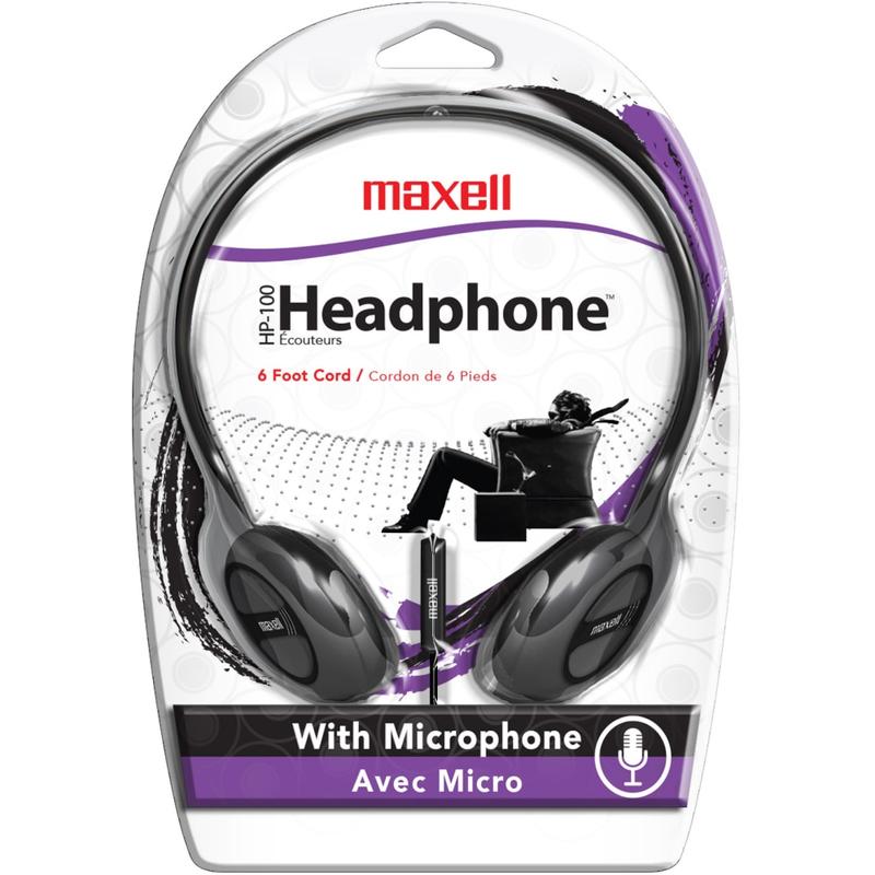 Maxell HP-100 On-Ear Headphones With Microphone, Black (Min Order Qty 14) MPN:199845