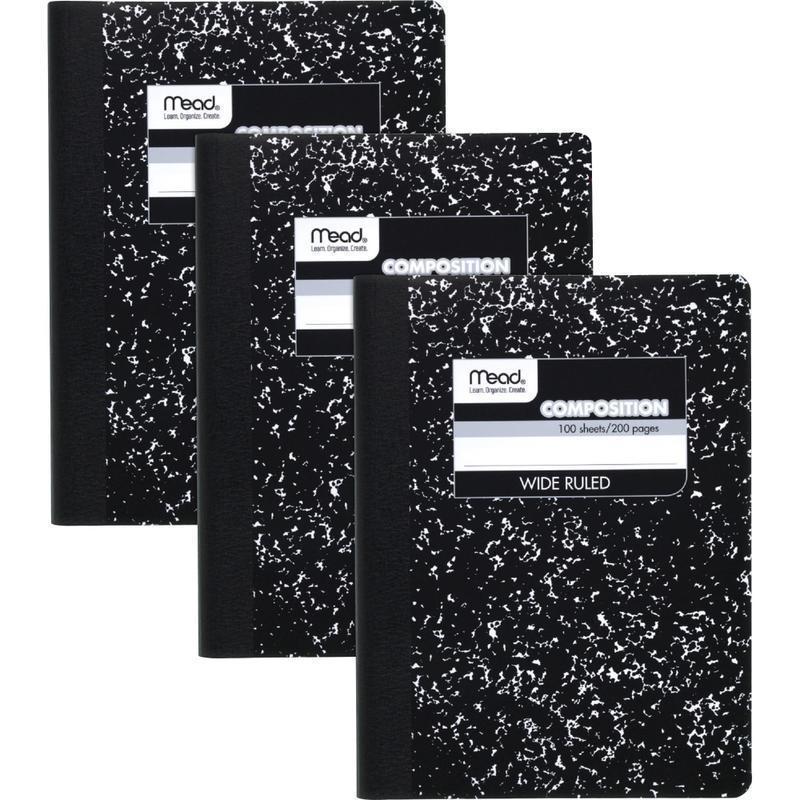 Mead Composition Notebooks, 9 3/4in x 7 1/2in, Wide Ruled, 100 Sheets, Black Marble, Pack Of 3 (Min Order Qty 4) MPN:38301