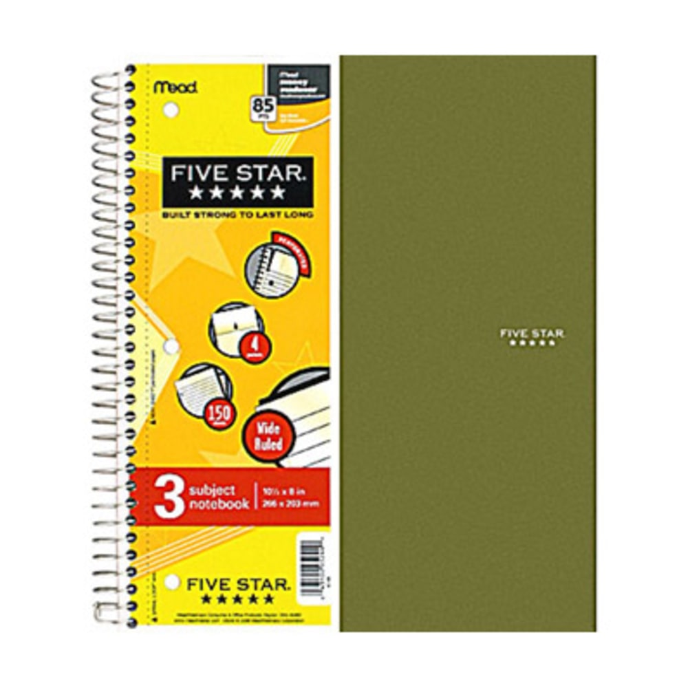 Five Star Notebook, 8in x 10 1/2in, 3 Subjects, Wide Ruled, 75 Sheets, Assorted Colors (No Color Choice) (Min Order Qty 6) MPN:5204