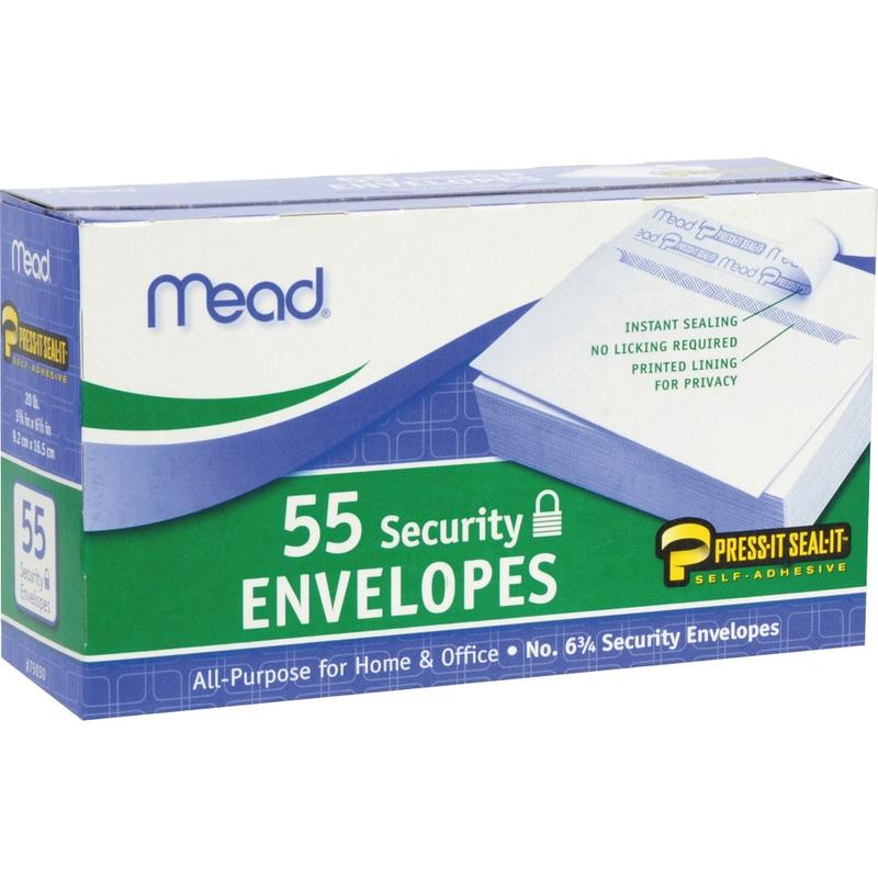 Mead Press-it No. 6 Security Envelopes - Security - #6 3/4 - Peel & Seal - 55 / Box - White (Min Order Qty 15) MPN:75030