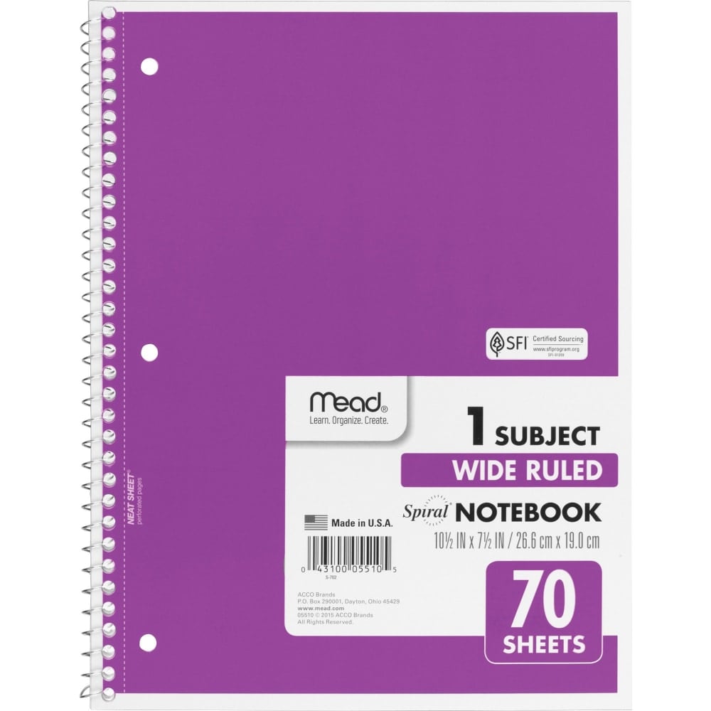 Mead Spiral Notebook, 8in x 10 1/2in, 1 Subject, Wide Ruled, 70 Sheets, Assorted Colors (Min Order Qty 25) MPN:5510