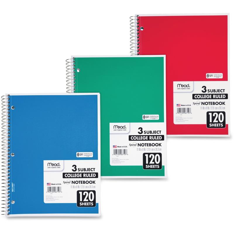 Mead Wirebound Notebook, 8in x 11in, 3 Subject, 120 Sheets, Assorted Colors (Min Order Qty 13) MPN:6710