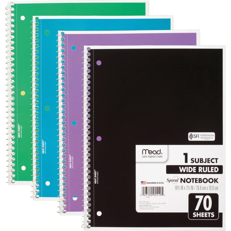 Mead Spiral Notebooks, 1 Subject, Wide Ruled, 70 Sheets, Assorted Colors, Pack Of 4 Notebooks (Min Order Qty 8) MPN:72873