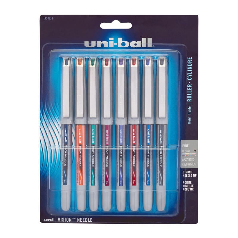 uni-ball Vision Liquid Ink Rollerball Pens, Needle/Fine Point, 0.7 mm, Gray Barrel, Assorted Ink Colors, Pack Of 8 Pens (Min Order Qty 4) MPN:1734916