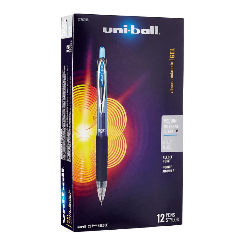 uni-ball 207 Retractable Fraud Prevention Gel Pens, Needle Point, 0.7 mm, Translucent Black Barrels, Blue Ink, Pack Of 12 (Min Order Qty 4) MPN:1736098