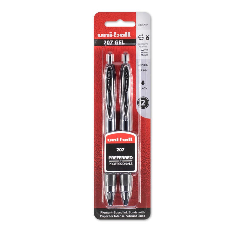 uni-ball Signo Gel 207 Retractable Gel Pens, Medium Point, 0.7 mm, Black Barrel, Black Ink, Pack Of 2 (Min Order Qty 14) MPN:33957PP