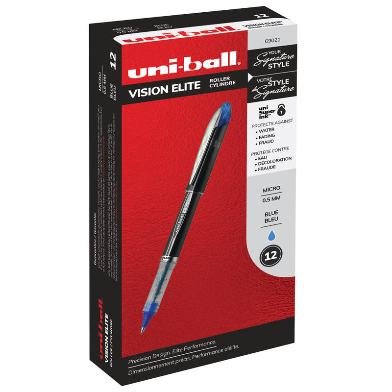 uni-ball Vision Elite Rollerball Pens, Ultra-Fine Point, 0.5 mm, Black Barrel, Blue Ink, Pack Of 12 Pens (Min Order Qty 3) MPN:69021