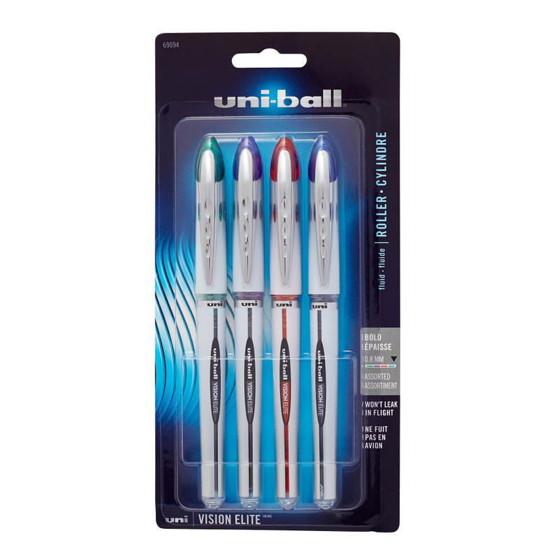 uni-ball Vision Elite Liquid Ink Rollerball Pens, Bold Point, 0.8 mm, White Barrel, Assorted Ink Colors, Pack Of 4 (Min Order Qty 5) MPN:69094PP